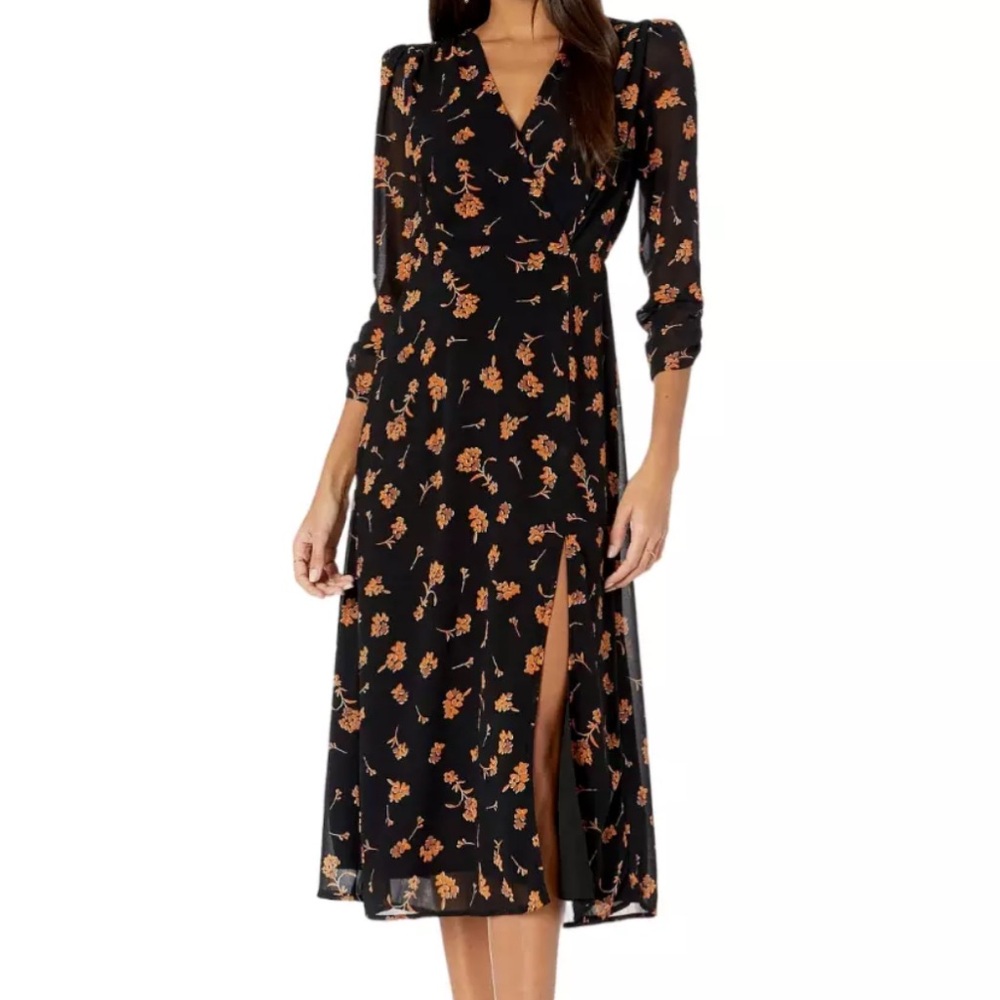 ASTR The Label Dress Small Black Floral Joni Midi Faux Wrap V Neck Slit Lined